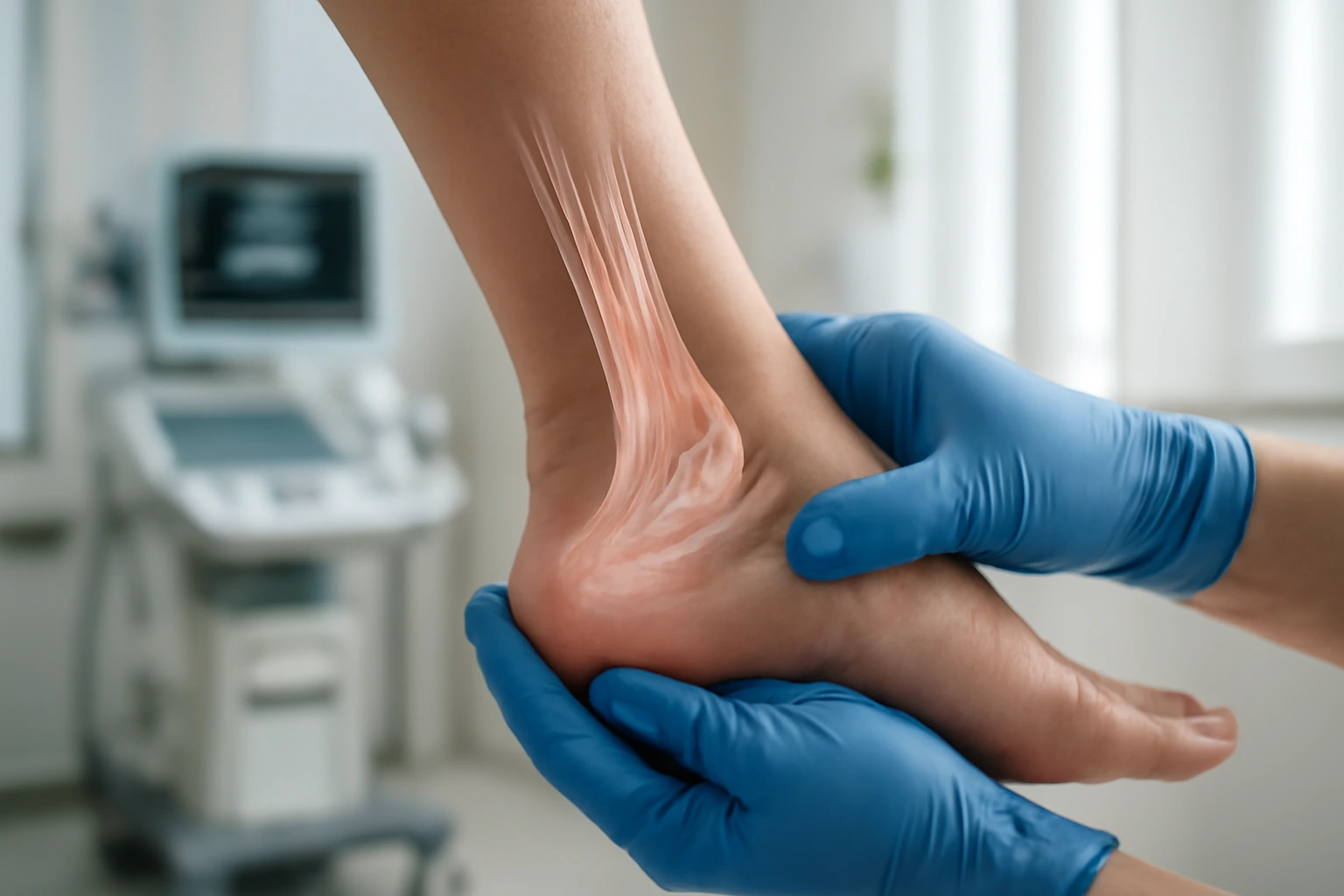 Foot and ankle specialist performing diagnostic ultrasound on inflamed foot tendons at Central Park SOLE NYC